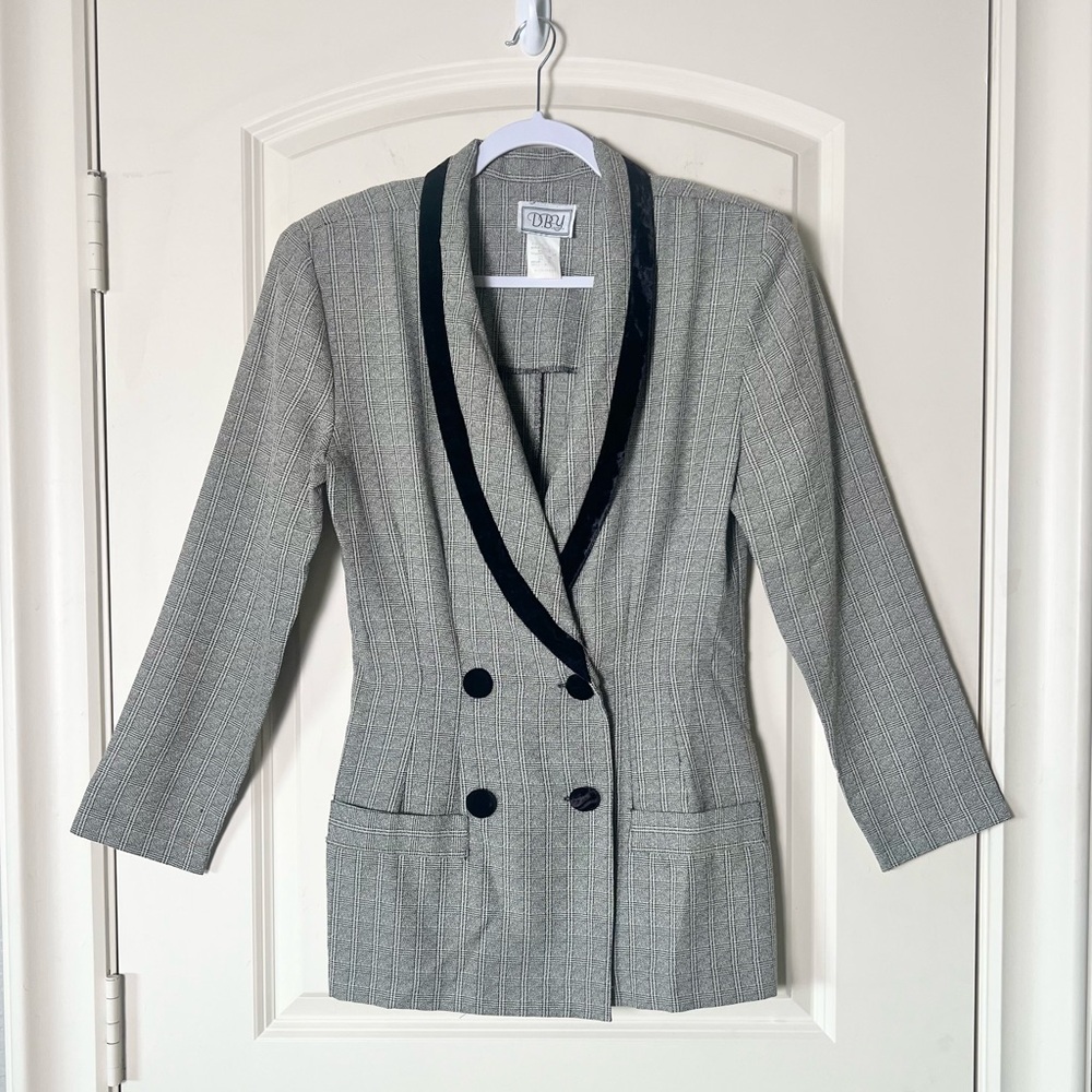 Vintage 90s Grey Plaid Blazer Velvet Shawl Collar Coquette Preppy size 10